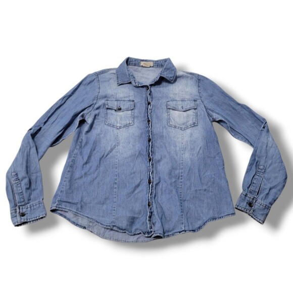 Passport Top Size Large Long Sleeve Button Down Shirt Light Denim Chambray Shirt - Picture 1 of 5